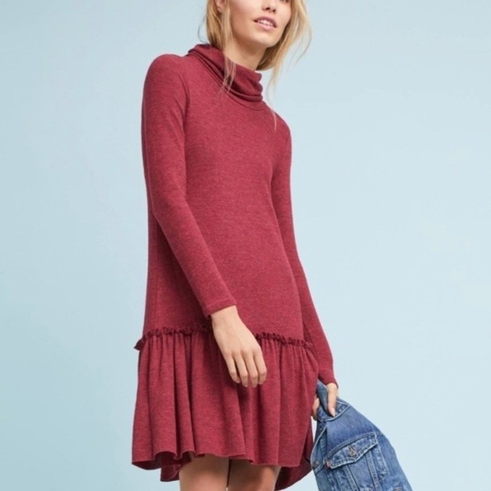 Anthropologie Sunday in Brooklyn Cowl Neck Ruffle Drop Waist Dress Red M